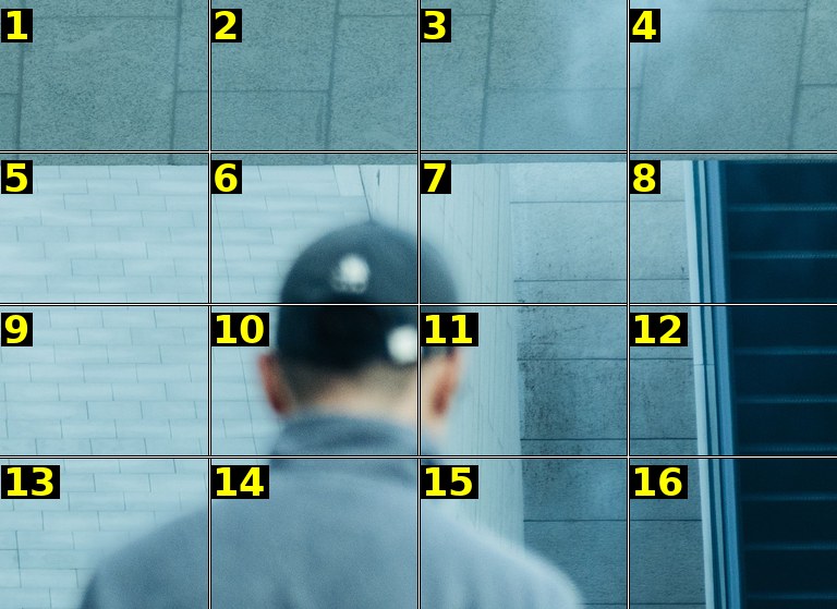 The top right of photo 1, enlarged from the full-size photo, with a numbered 4 by 4 grid.