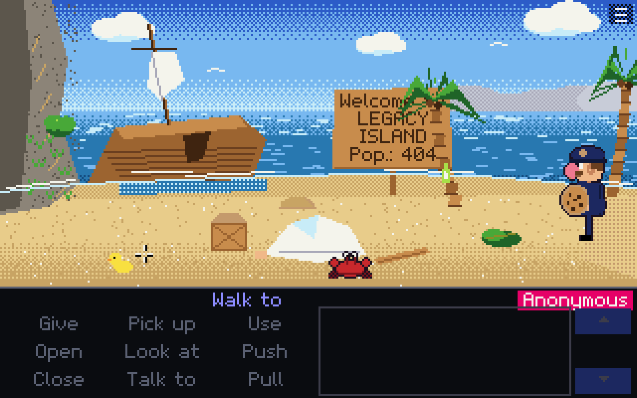 Pixel-art beach with a wrecked boat, a sign reading "Welcome to Legacy Island, Pop.: 404", a crate, a rubber duck, a crab and a guard holding a giant cookie. The verb panel is below.