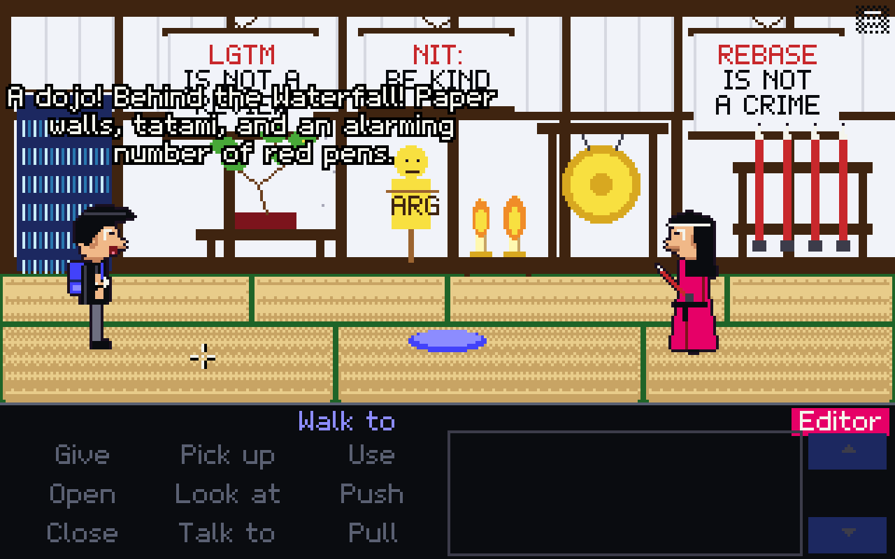Pixel-art dojo with paper walls reading "LGTM is not a review", "Nit: be kind" and "Rebase is not a crime", a gong and a rack of red pens.