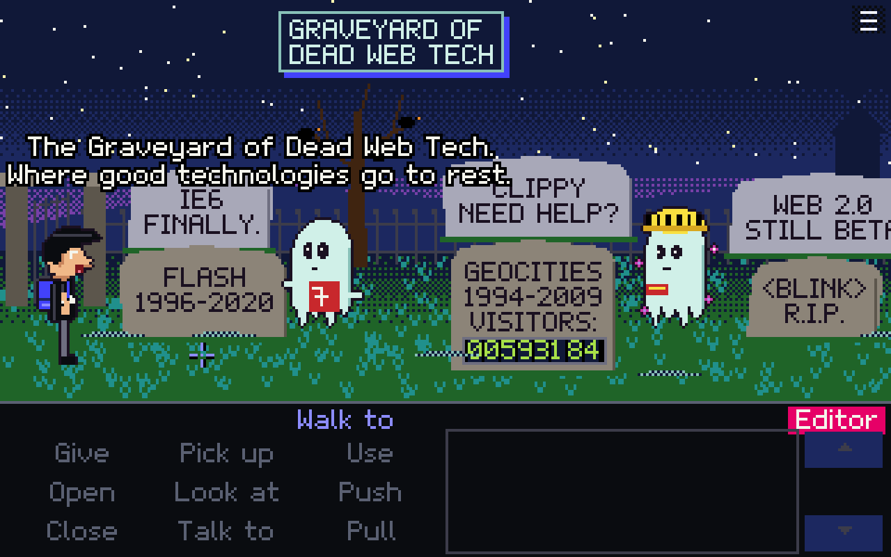 Pixel-art graveyard at night with tombstones for Flash, IE6, Clippy, GeoCities with a visitor counter, Web 2.0 and the blink tag, and two ghosts.