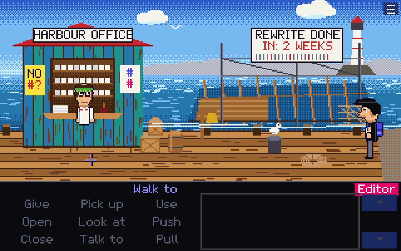 Pixel-art harbour with a harbour office, a sign reading "Rewrite done in: 2 weeks", a lighthouse in the distance and Mac on the pier.