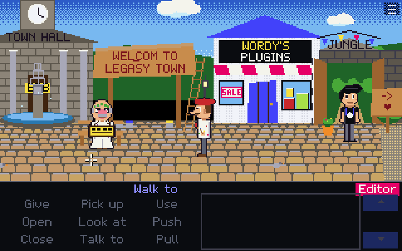 Pixel-art town square with a town hall, a sign reading "Welcom to Legasy Town", a shop called Wordy's Plugins and Mac standing by the jungle path.