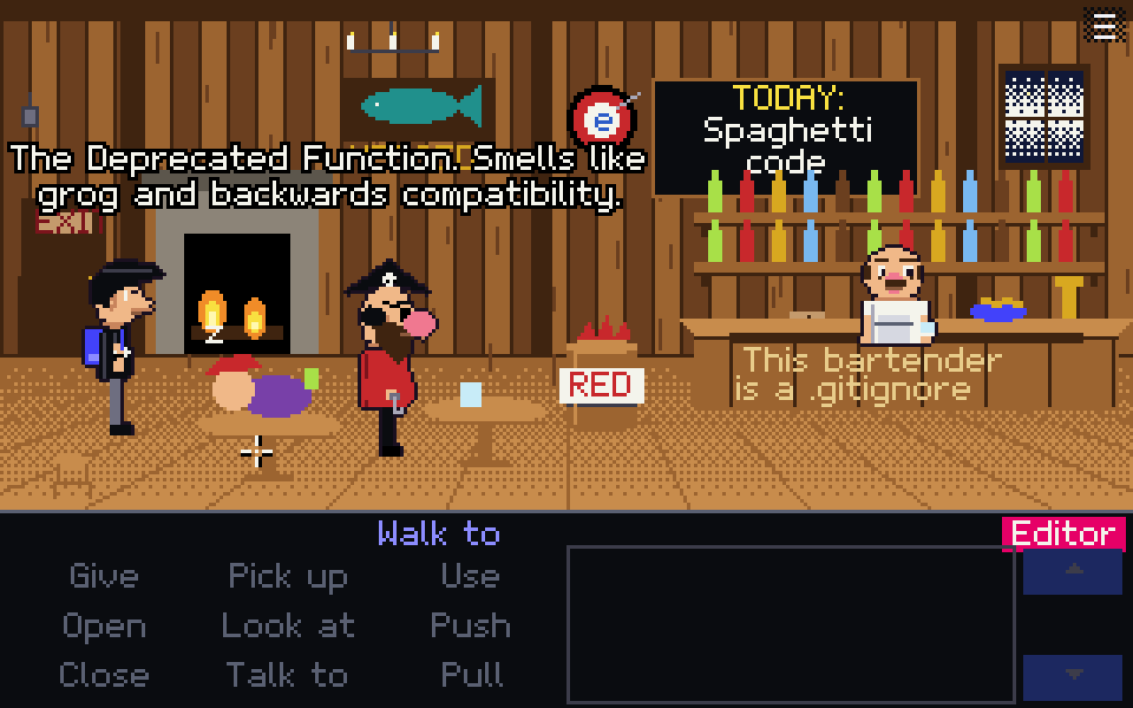 Pixel-art tavern with a pirate, a fireplace, a red barrel and a bartender under a board reading "Today: Spaghetti code". A sign says the bartender is a .gitignore.