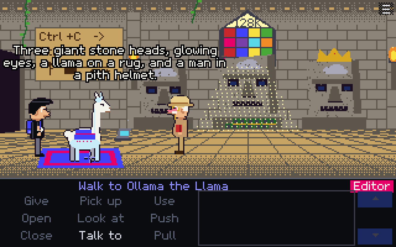 Pixel-art temple with three giant stone heads, a stained-glass window, a llama on a rug and a man in a pith helmet.