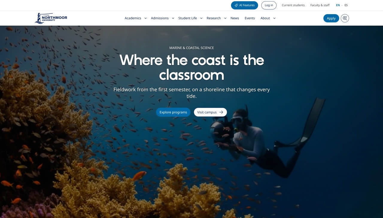 The Drupal AI demo site: a university home page with an "AI Features" button.