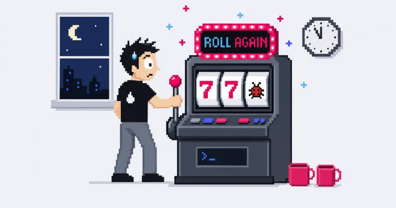 Pixel-art developer pulling the lever of a slot machine at night, sweating; the marquee reads Roll again and the reels show 7, 7 and a bug. A clock, a moonlit window and two empty coffee mugs.