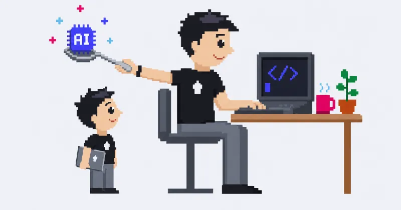 Pixel art: a developer at his computer, without looking away from the screen, holds out a silver spoon with a glowing AI chip in it, while a small junior developer with a laptop under his arm stands beside him and looks up at him.