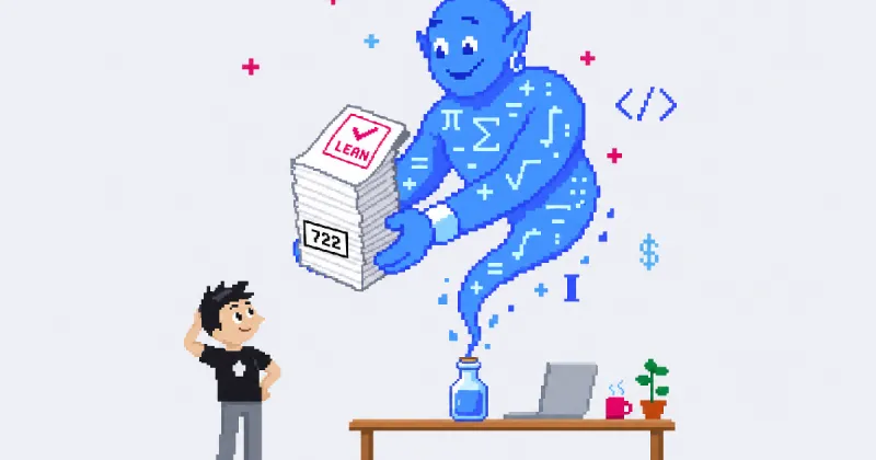 Pixel art: a big blue genie made of math symbols rises from a small glass bottle on a desk and hands down a tall stack of papers labelled 722, with a LEAN check-mark stamp on top. A much smaller developer looks up at it, scratching their head.