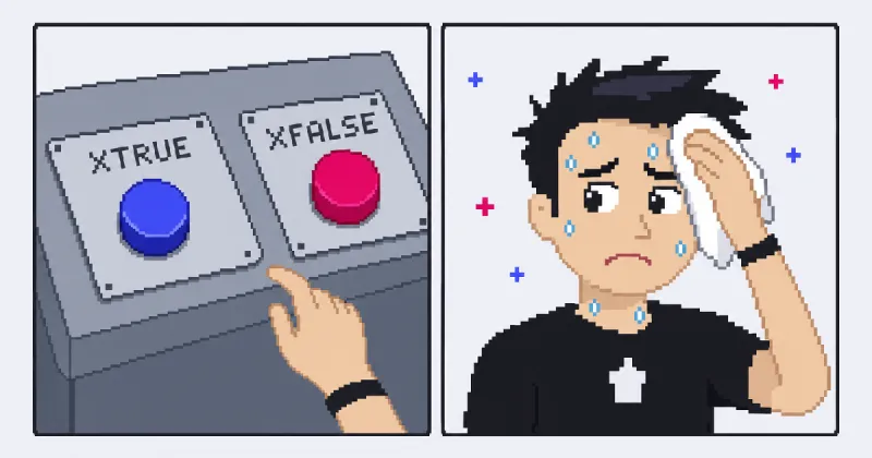 Pixel-art spoof of the two buttons meme: a hand hovers between an XTRUE and an XFALSE button while the blog's developer sweats and wipes his forehead.
